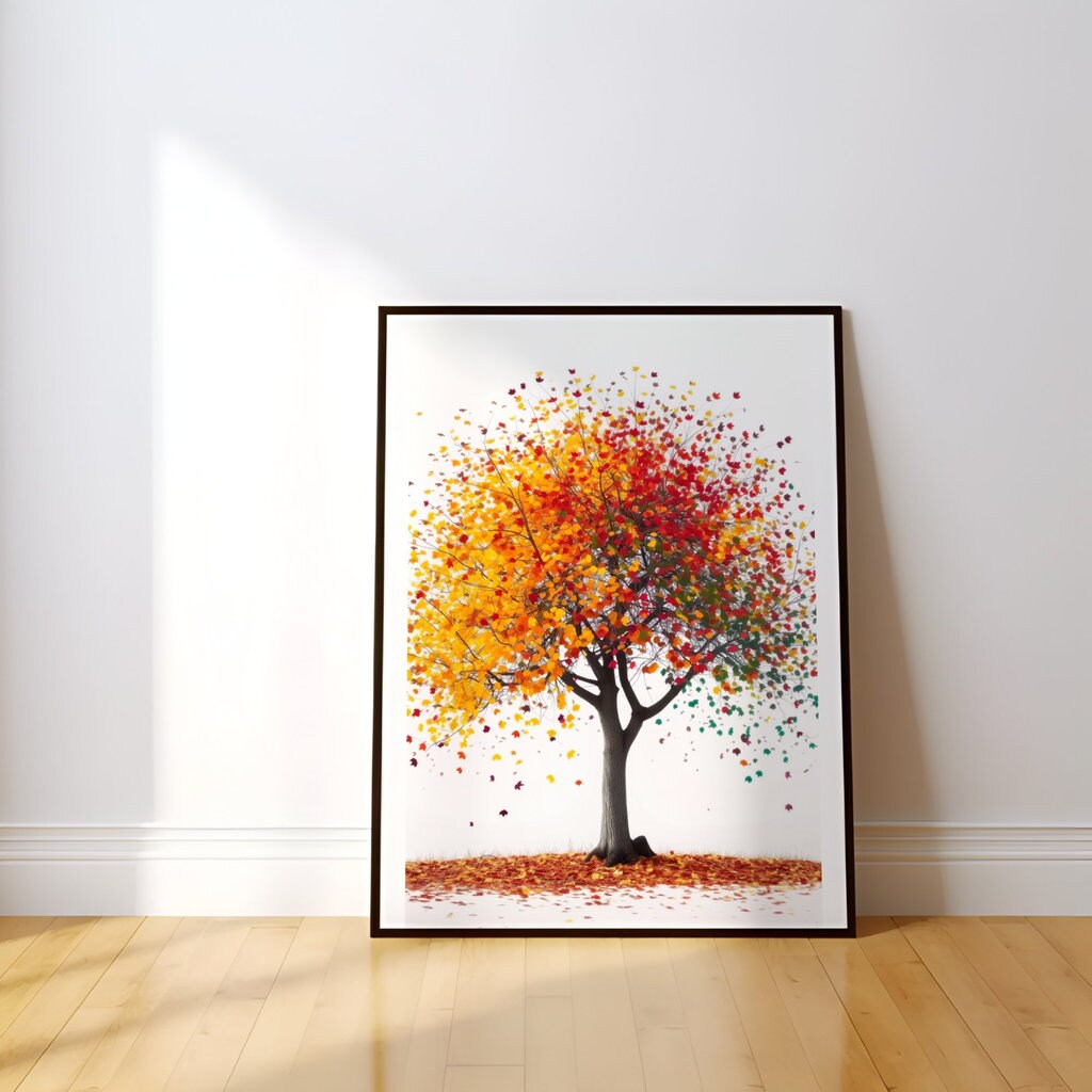 Vibrant Tree Art Colorful Leaves on White Background Interactive Wall Art