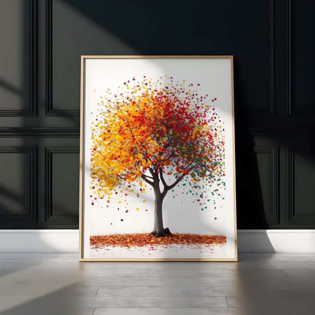 Vibrant Tree Art Colorful Leaves on White Background Interactive Wall Art