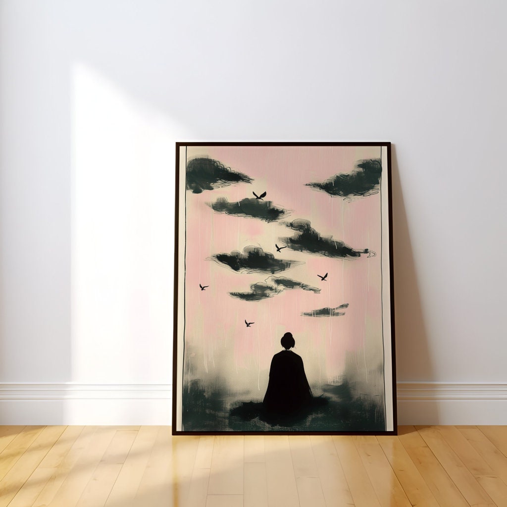 Ephemeral Harmony: Japanese Minimalist Art with Clouds, Birds & Figures | Serene & Modern Wall Decor
