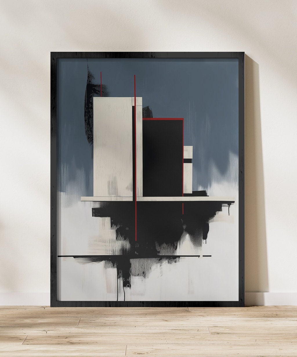 Minimalist Architecture in Blue, White, Red Interactive Wall Art