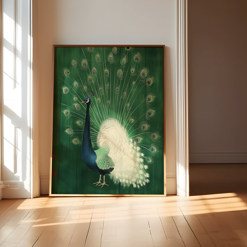 Green Peacock in Minimalist Style Japanese Line Interactive Wall Art