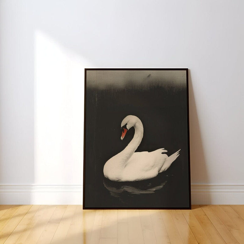 Vintage Black Swan Art | Moody Lake Wall Decor - Elegant Swan Print Canvas