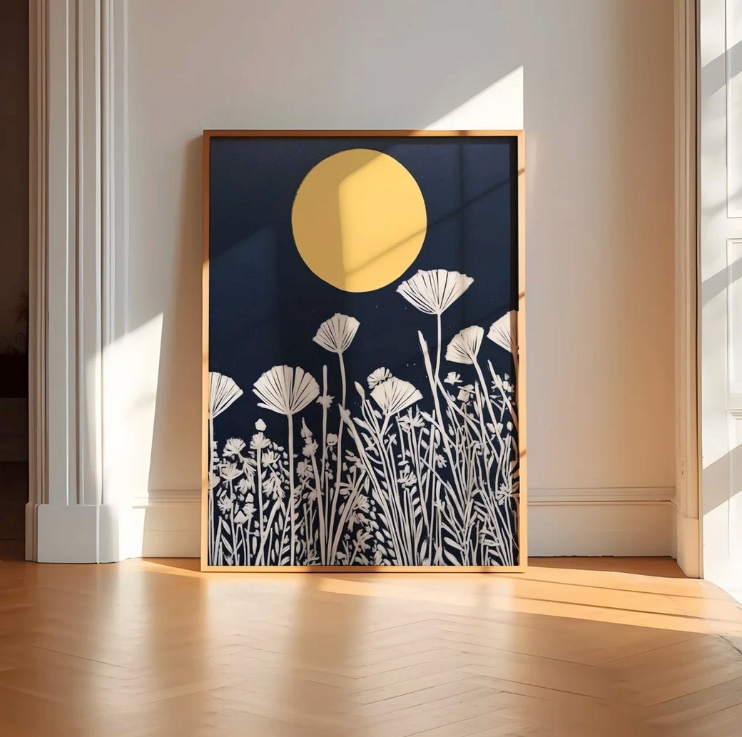 Moonlit Serenity: Yellow Moon & White Floral Art | Persian Blue Minimalist Wall Decor