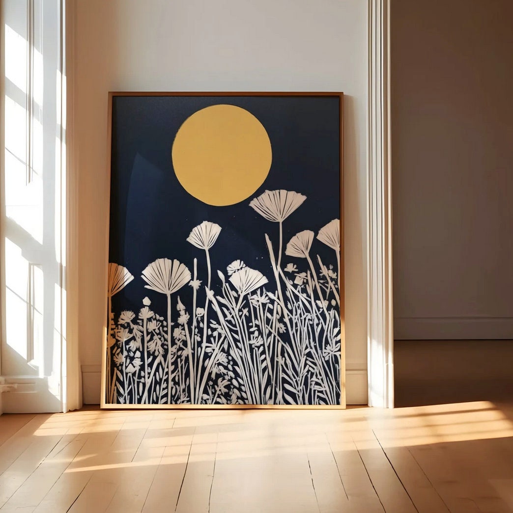 Moonlit Serenity: Yellow Moon & White Floral Art | Persian Blue Minimalist Wall Decor