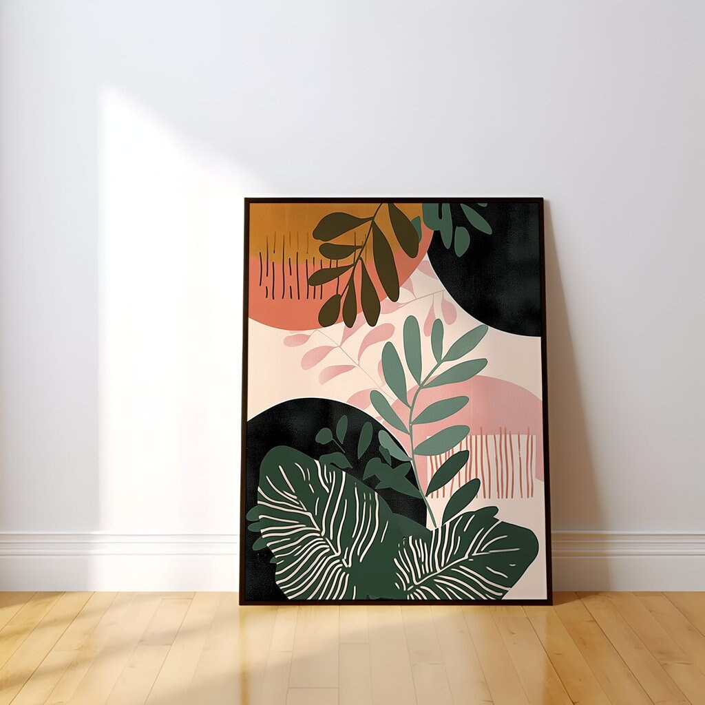 Tropical Tranquility: Mid-Century Modern Abstract Leaf Art | Serene & Chic Wall Decor