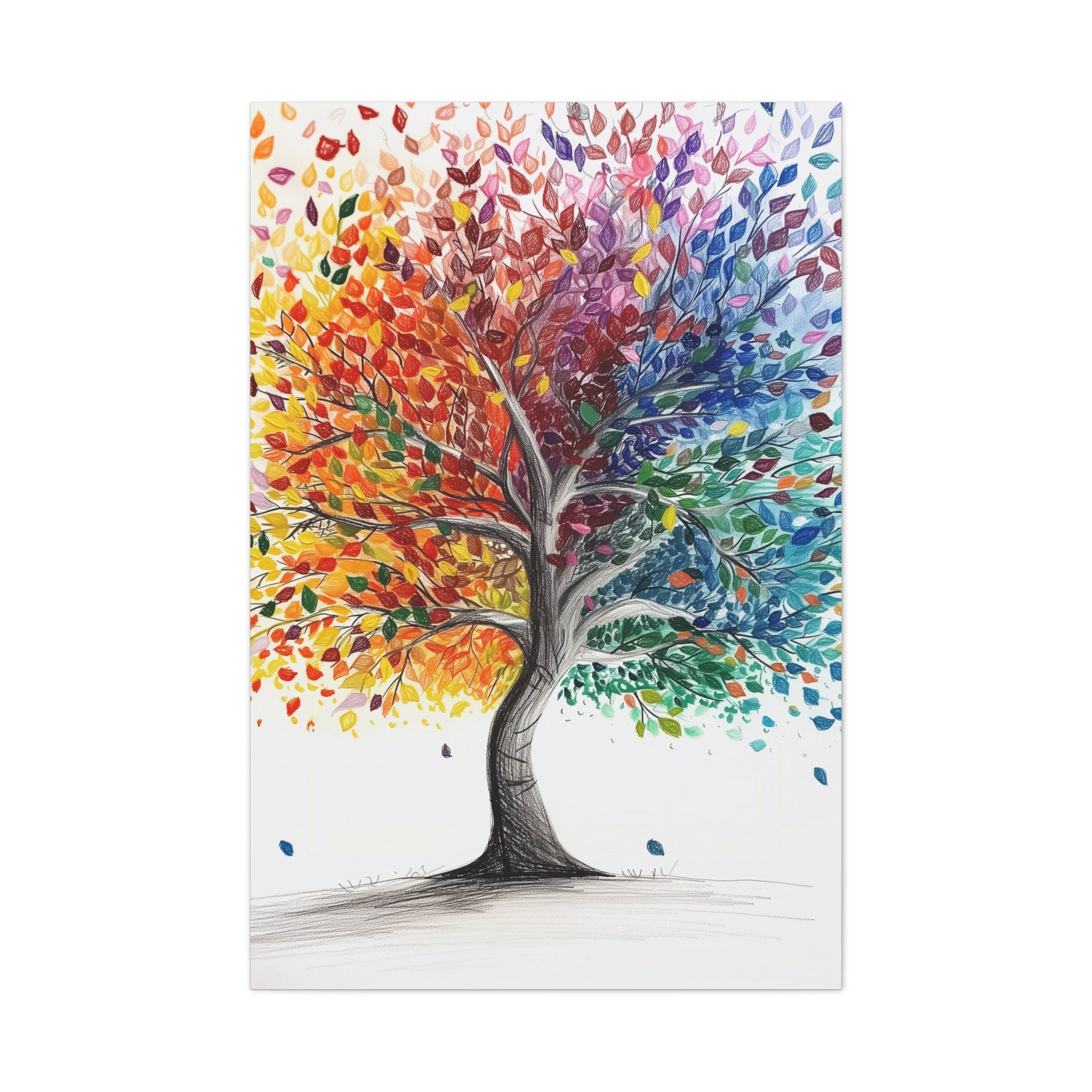 Colorful Tree Leaves Black and White Tree Pencil Art Dual-Theme Interactive Wall Art