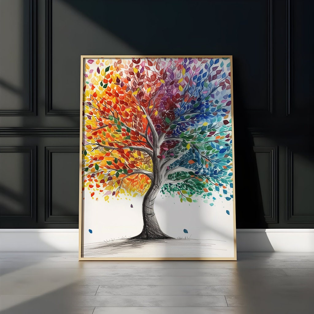 Colorful Tree Leaves Black and White Tree Pencil Art Dual-Theme Interactive Wall Art