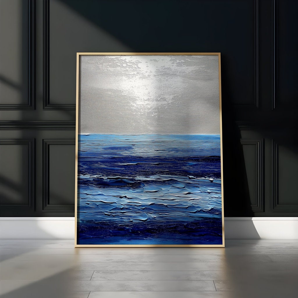 The Azure Horizon: Persian Blue & Silver Abstract Seascape | Serene & Modern Oceanic Art