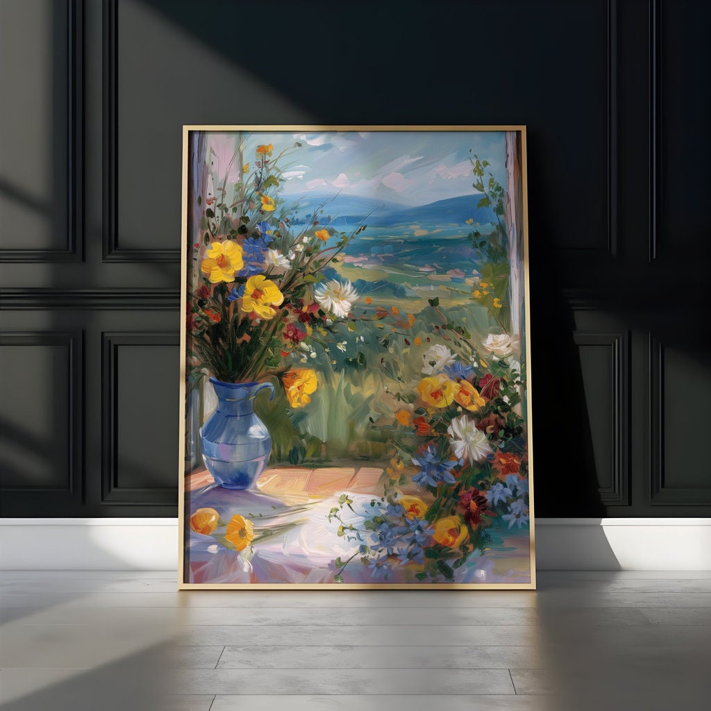 The Sanctuary Window: Cascading Flowers & Landscape View | Serene & Peaceful Wall Art