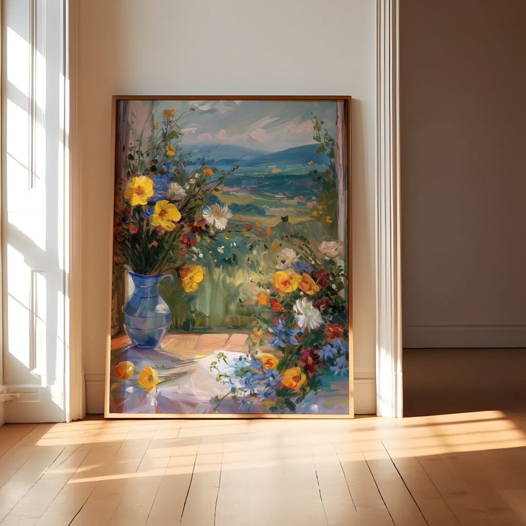 The Sanctuary Window: Cascading Flowers & Landscape View | Serene & Peaceful Wall Art