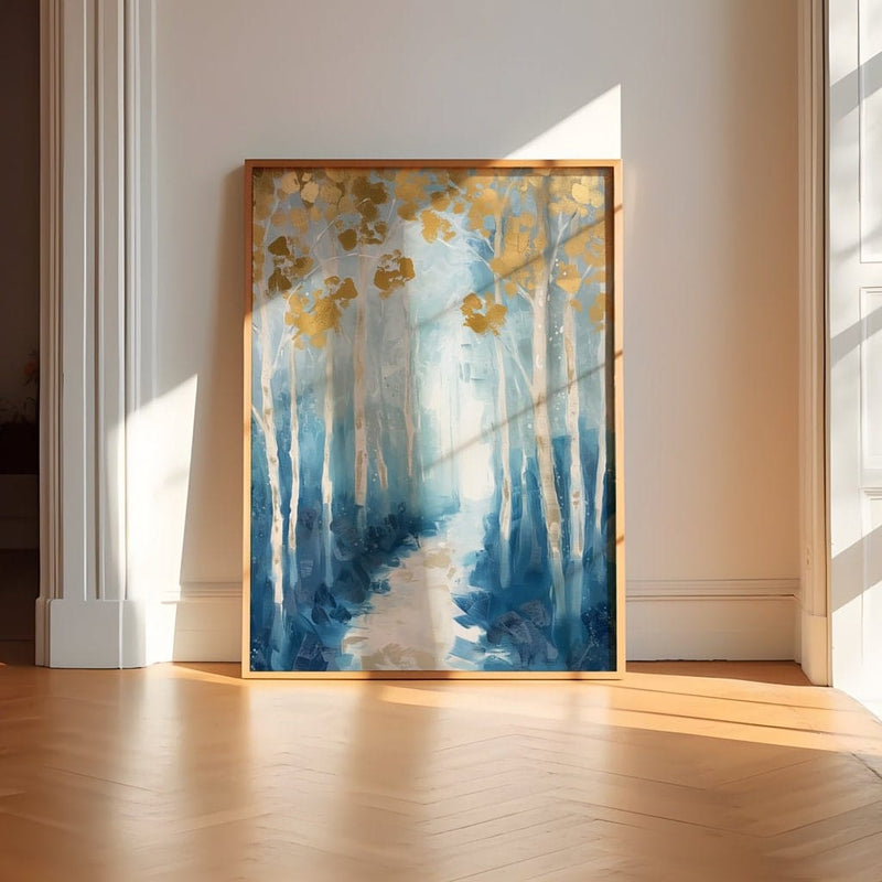 Abstract Landscape Art – Serene Blue & Gold Modern Wall Art | Winding Path Canvas