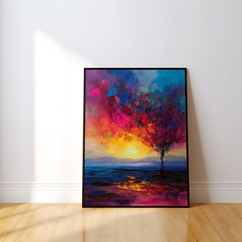 Vibrant Tree Art Colorful Leaves on White Background Interactive Wall Art