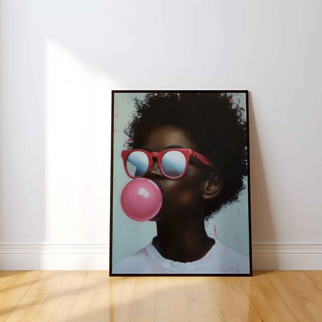 African American with Glasses Blowing Bubble Gum Modern Portrait Interactive Wall Art