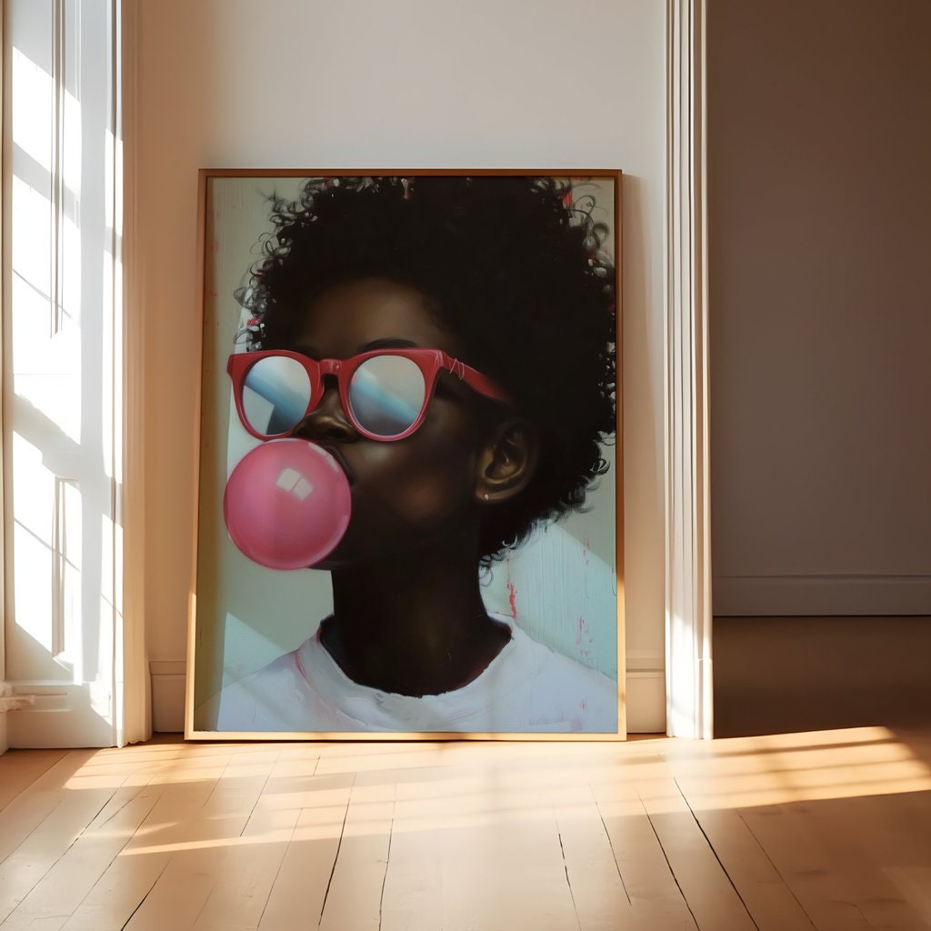 African American with Glasses Blowing Bubble Gum Modern Portrait Interactive Wall Art