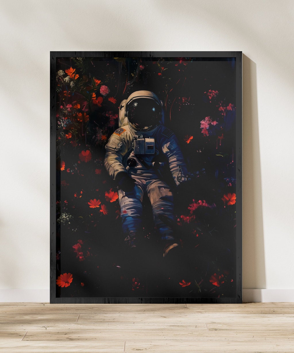 Astronaut with Floral Covering Dark Hue Interactive Wall Art