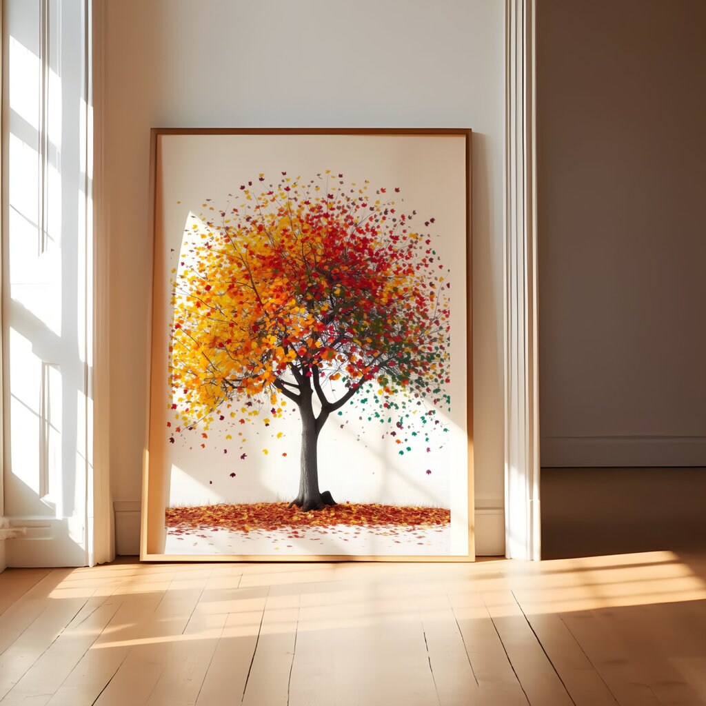 Vibrant Tree Art Colorful Leaves on White Background Interactive Wall Art