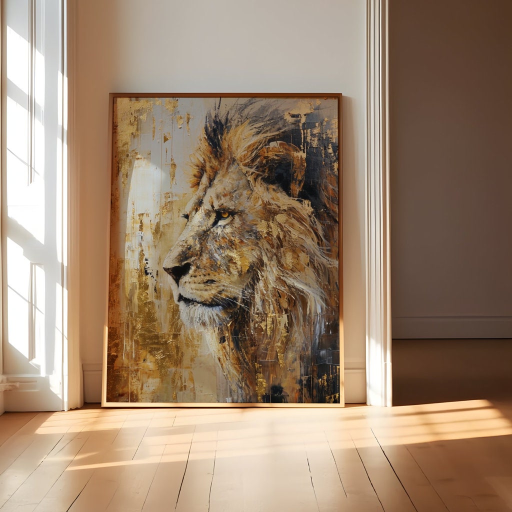 Majestic Monochrome Hand-Painted Lion Abstract Interactive Wall Art