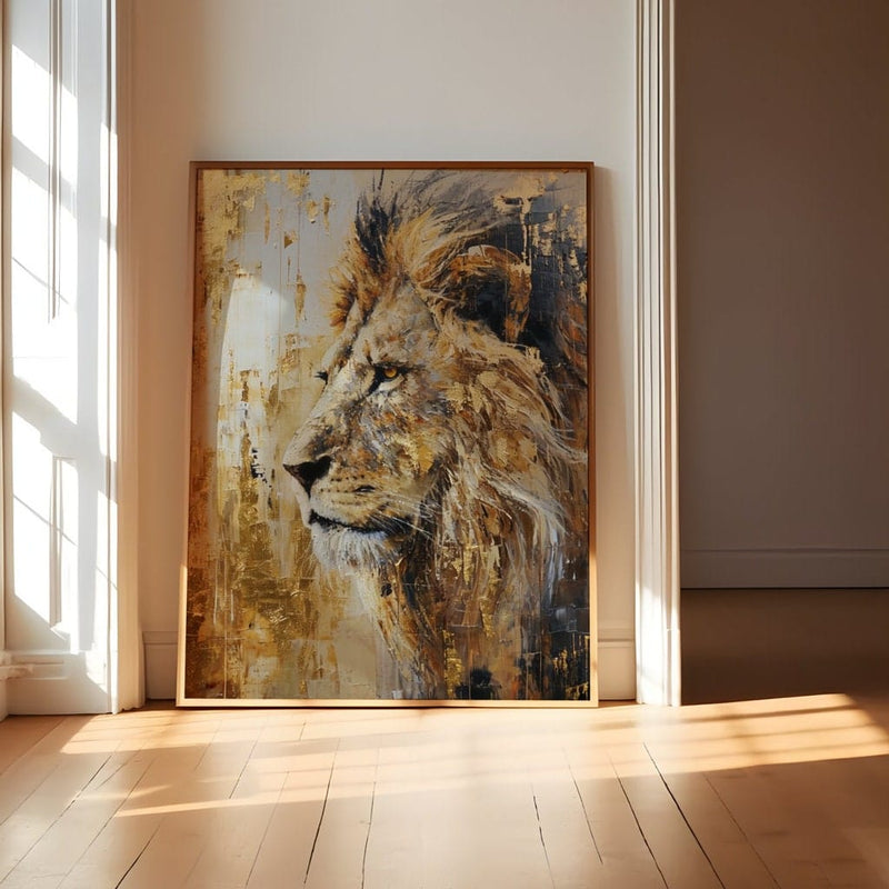 Abstract Lion Portrait – Majestic Gold Black White Wall Art | Modern Regal Decor