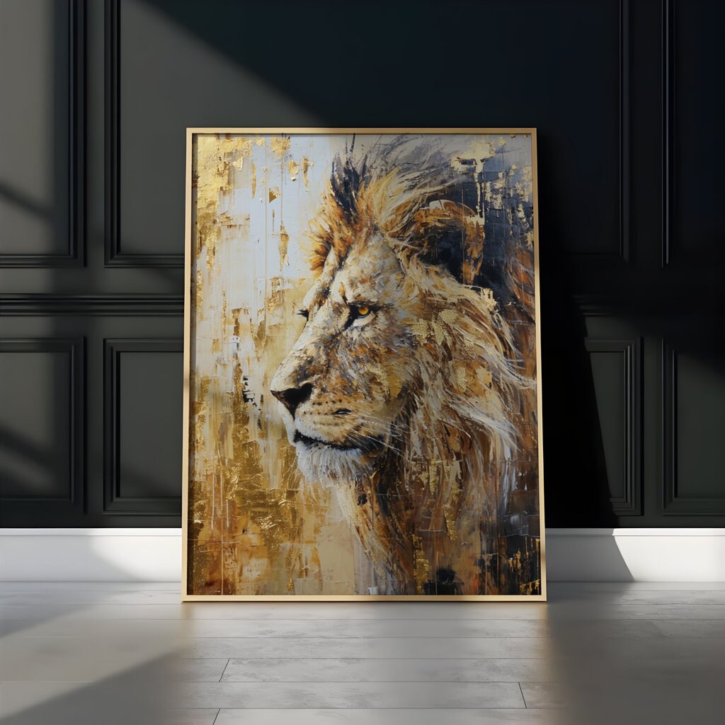 Majestic Monochrome Hand-Painted Lion Abstract Interactive Wall Art