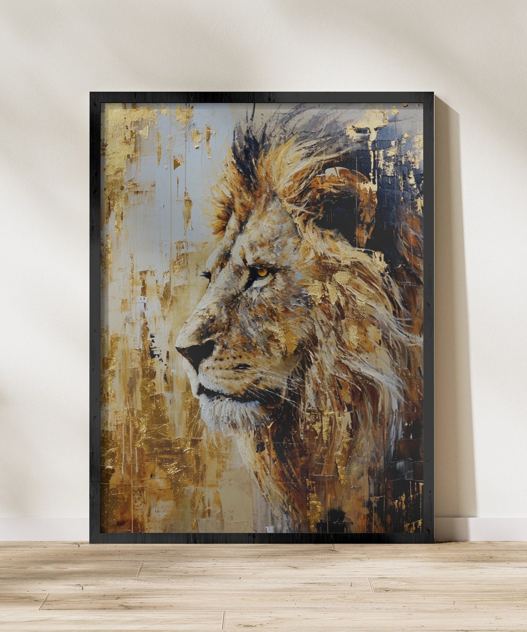 Majestic Monochrome Hand-Painted Lion Abstract Interactive Wall Art