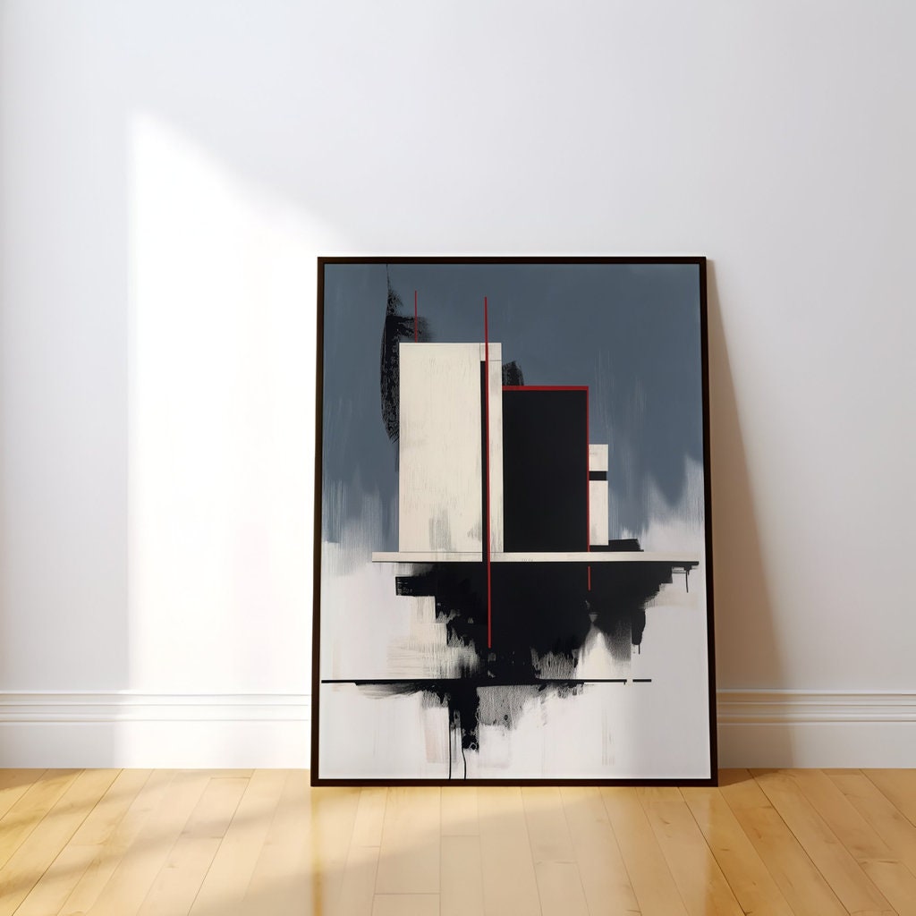 Minimalist Architecture in Blue, White, Red Interactive Wall Art