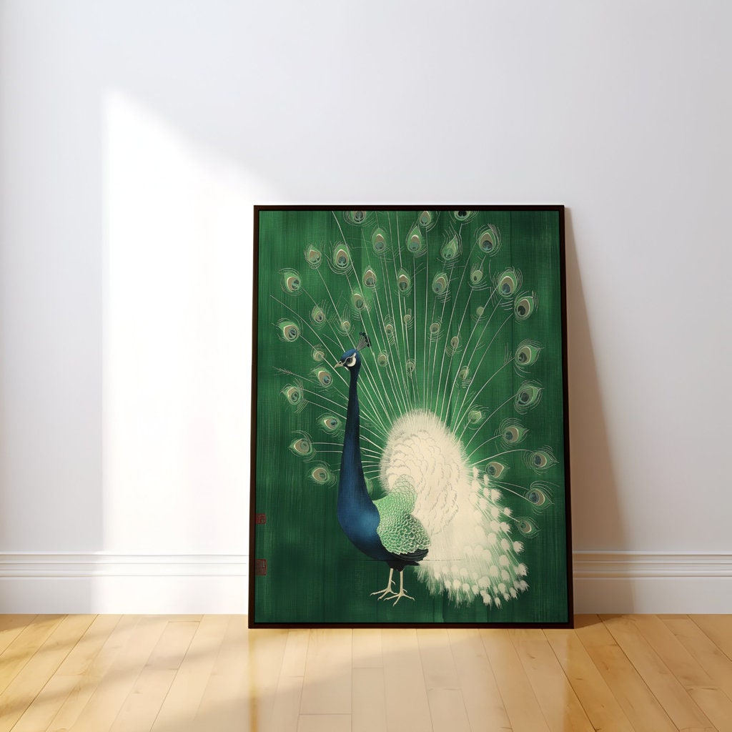 The Emerald Peacock: Minimalist Japanese-Inspired Bird Art | Green & Serene Wall Decor