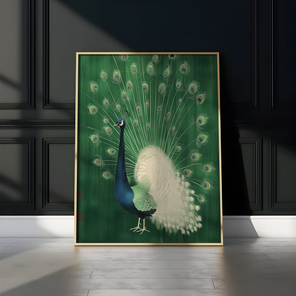 Green Peacock in Minimalist Style Japanese Line Interactive Wall Art