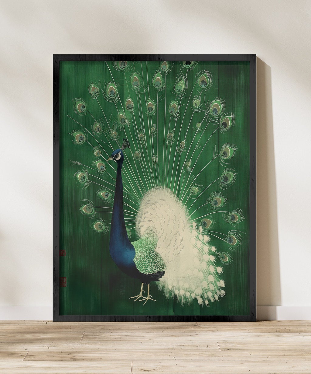 Green Peacock in Minimalist Style Japanese Line Interactive Wall Art