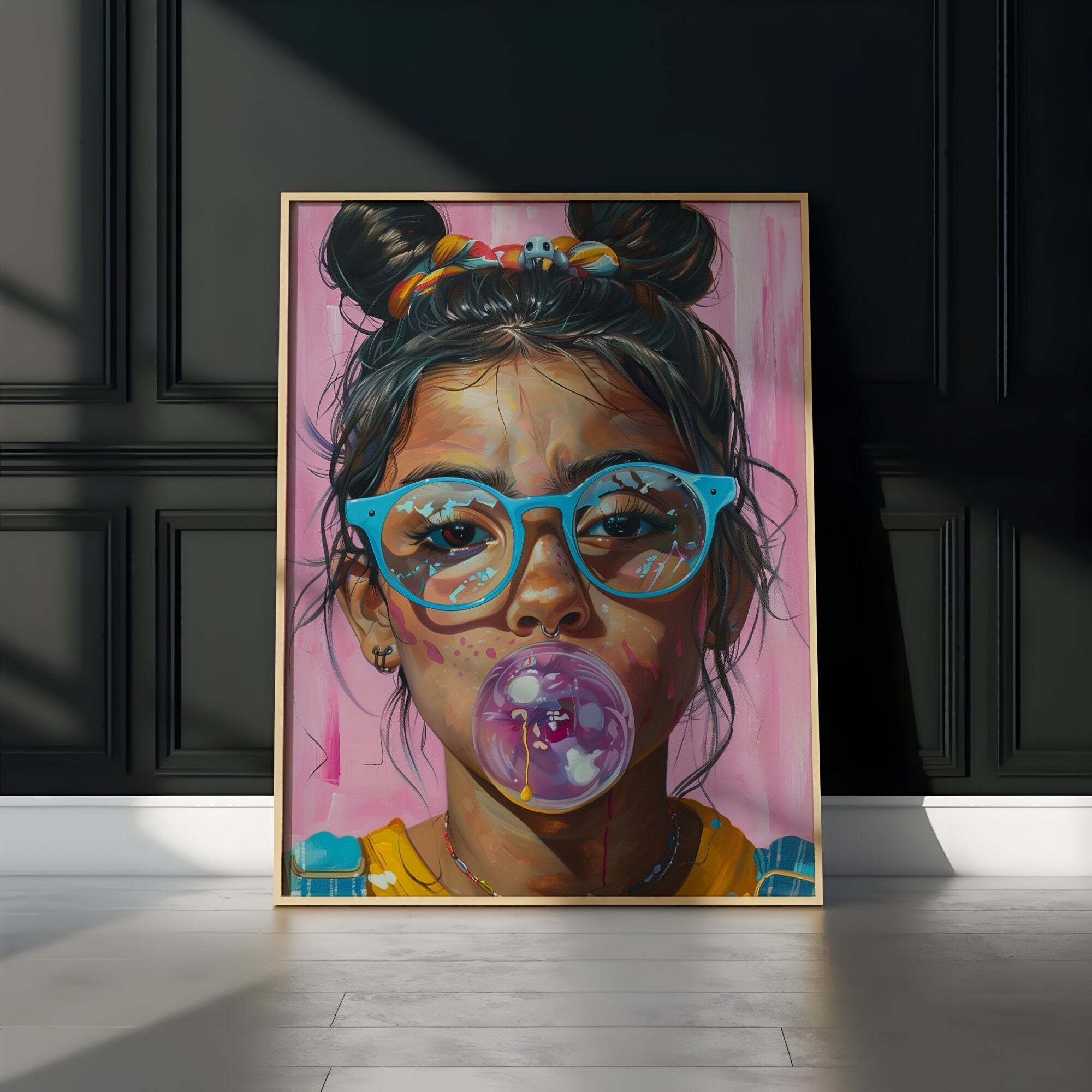 Latina Girl with Glasses Blowing Bubble Gum Interactive Wall Art