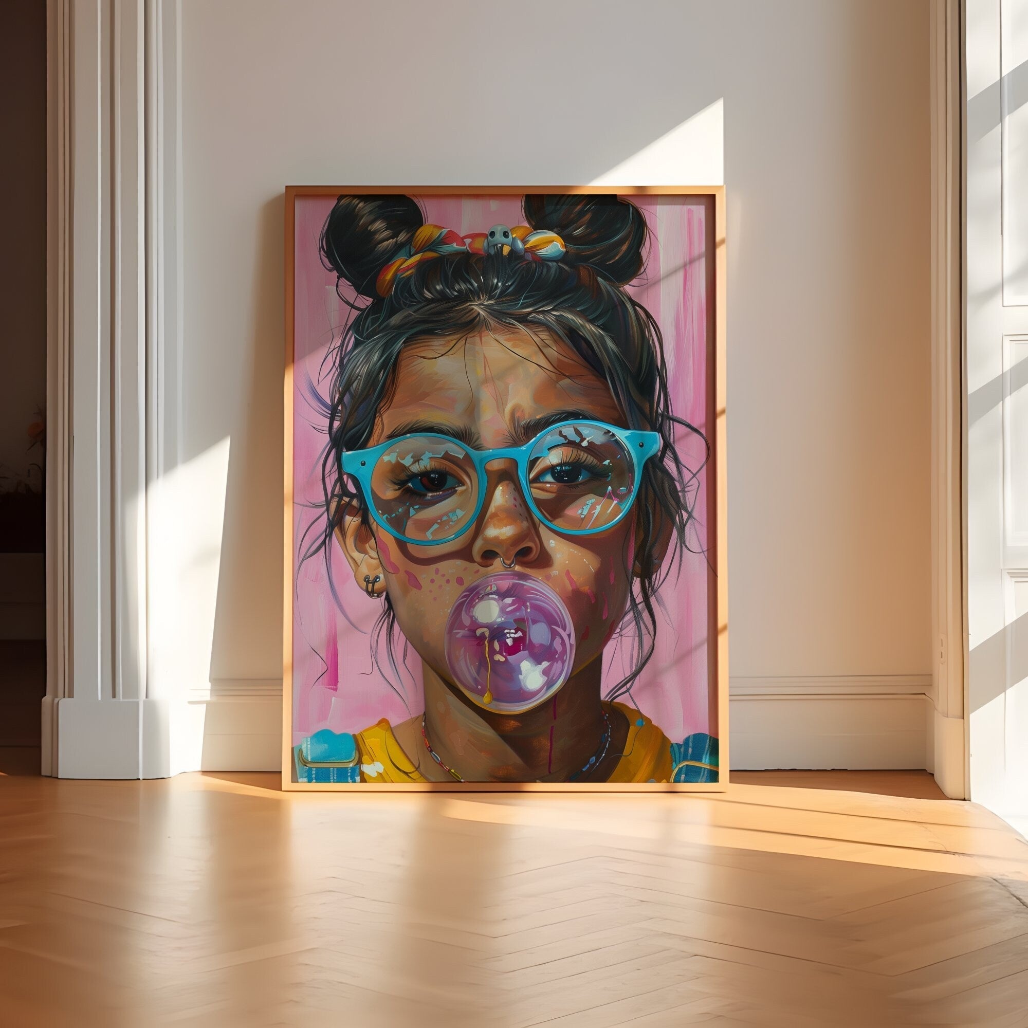 Latina Girl with Glasses Blowing Bubble Gum Interactive Wall Art