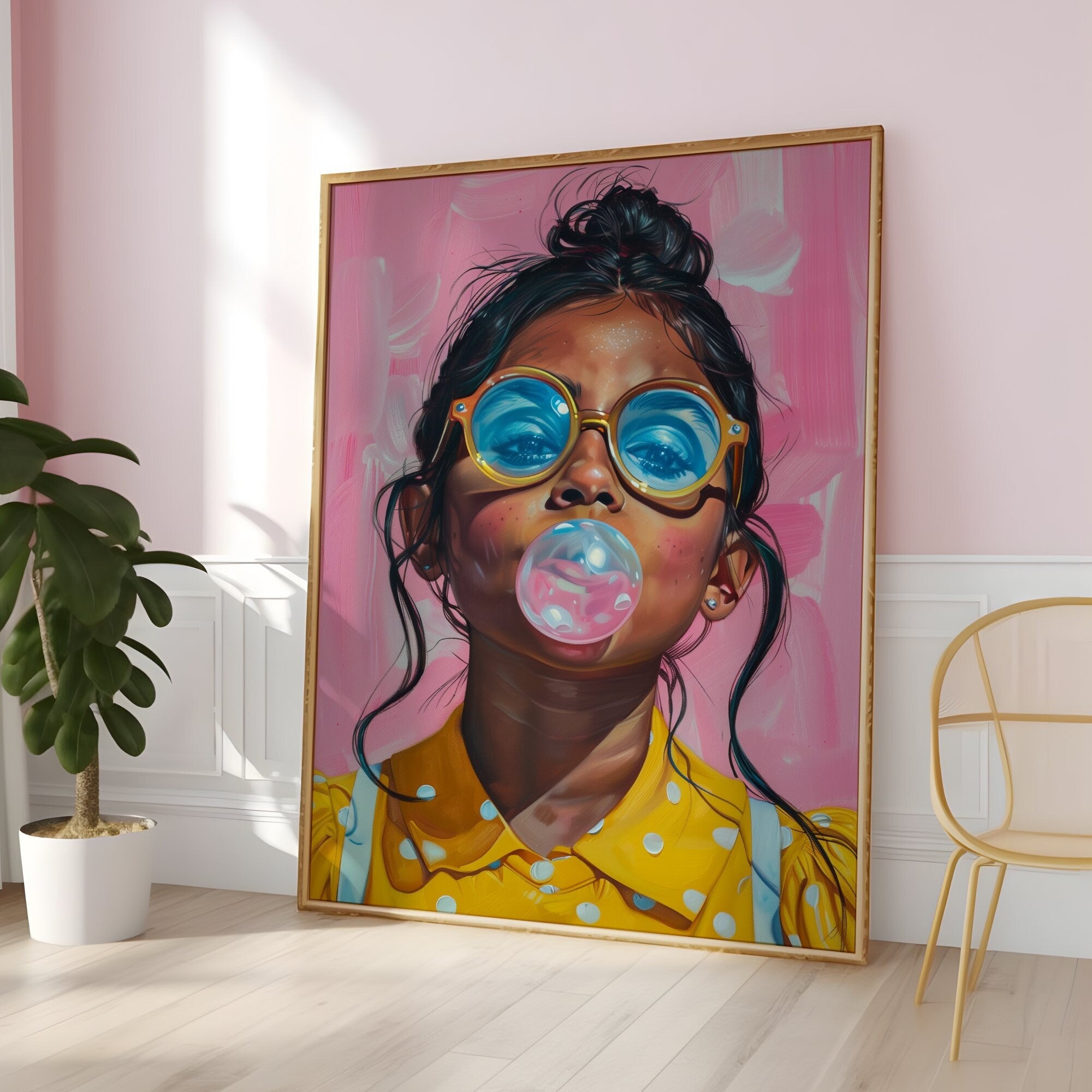 Latina Girl with Glasses Blowing Bubble Gum Vibrant Interactive Wall Art