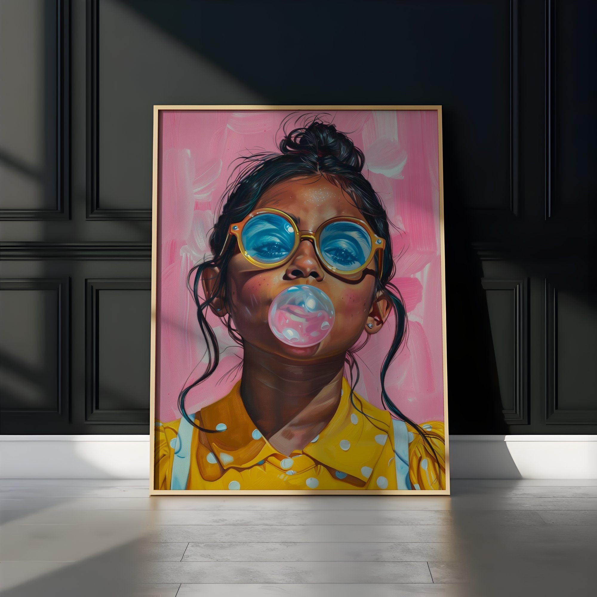 Latina Girl with Glasses Blowing Bubble Gum Vibrant Interactive Wall Art