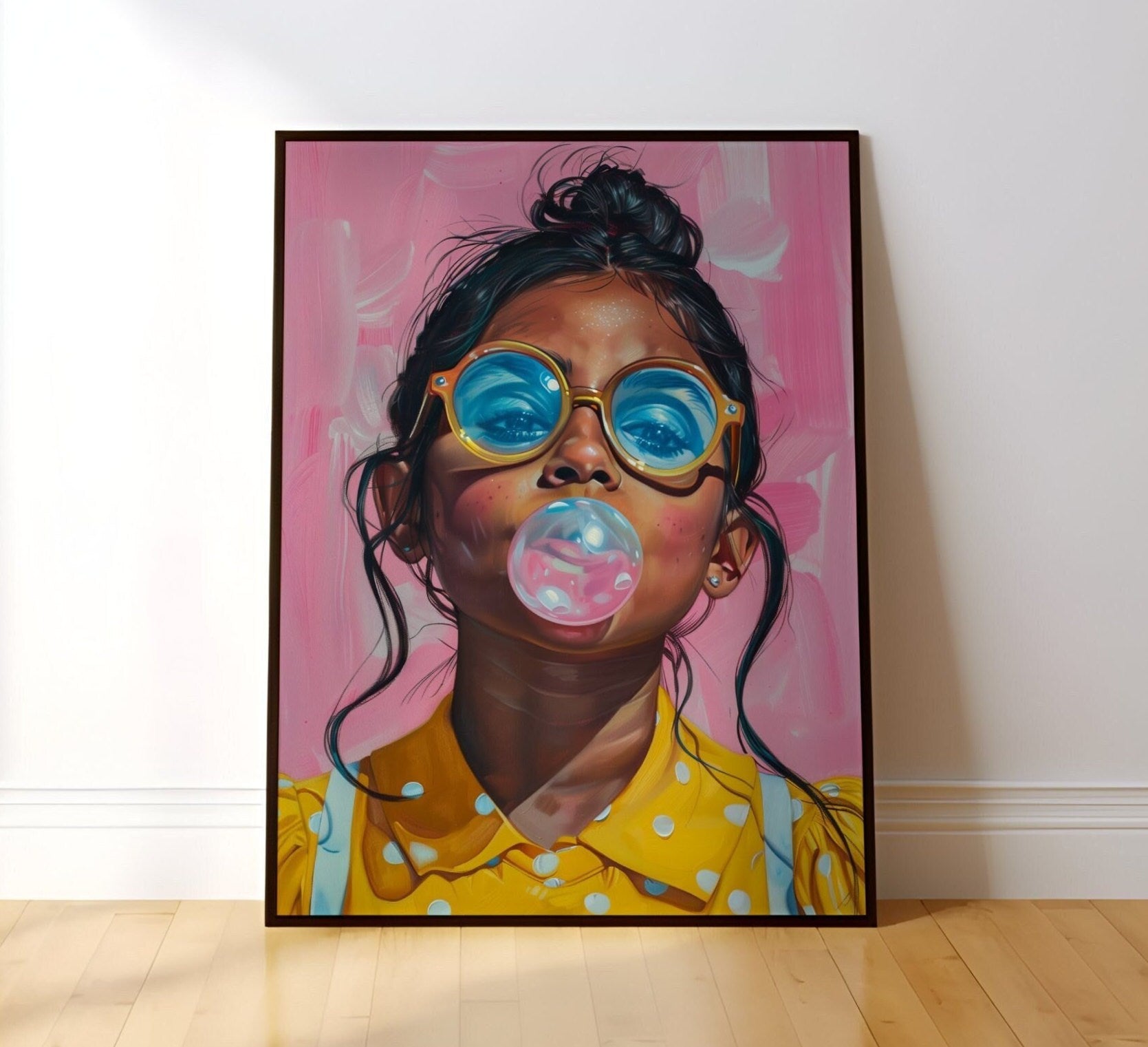 Latina Girl with Glasses Blowing Bubble Gum Vibrant Interactive Wall Art