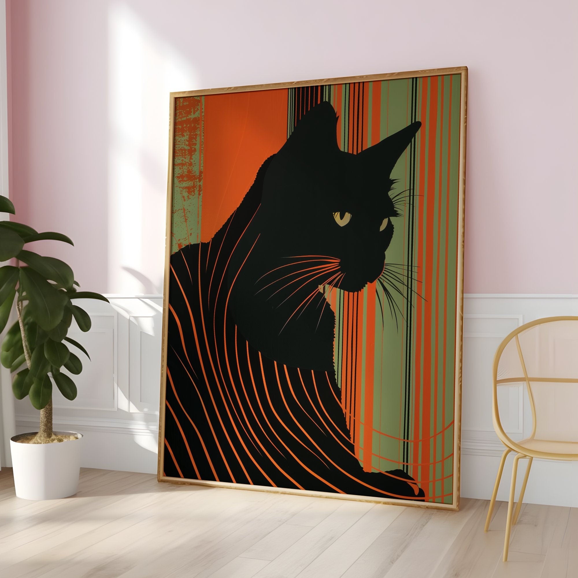 Contemplative Cat Black Shadow Interactive Wall Art