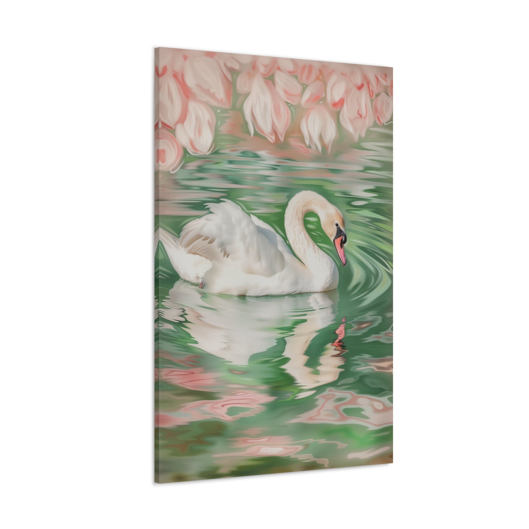 Swan in Water Art Soft Pink and Green Swan Illustration Interactive Wall Art