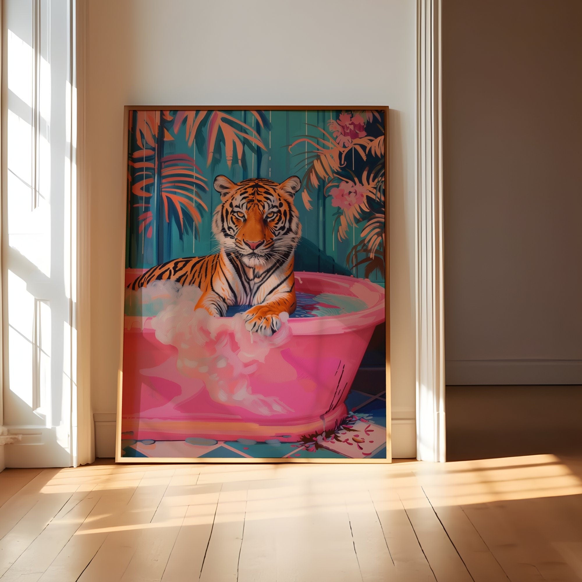 Tiger in Pink Bath Tub Maximalist Dopamine Bathroom Interactive Wall Art