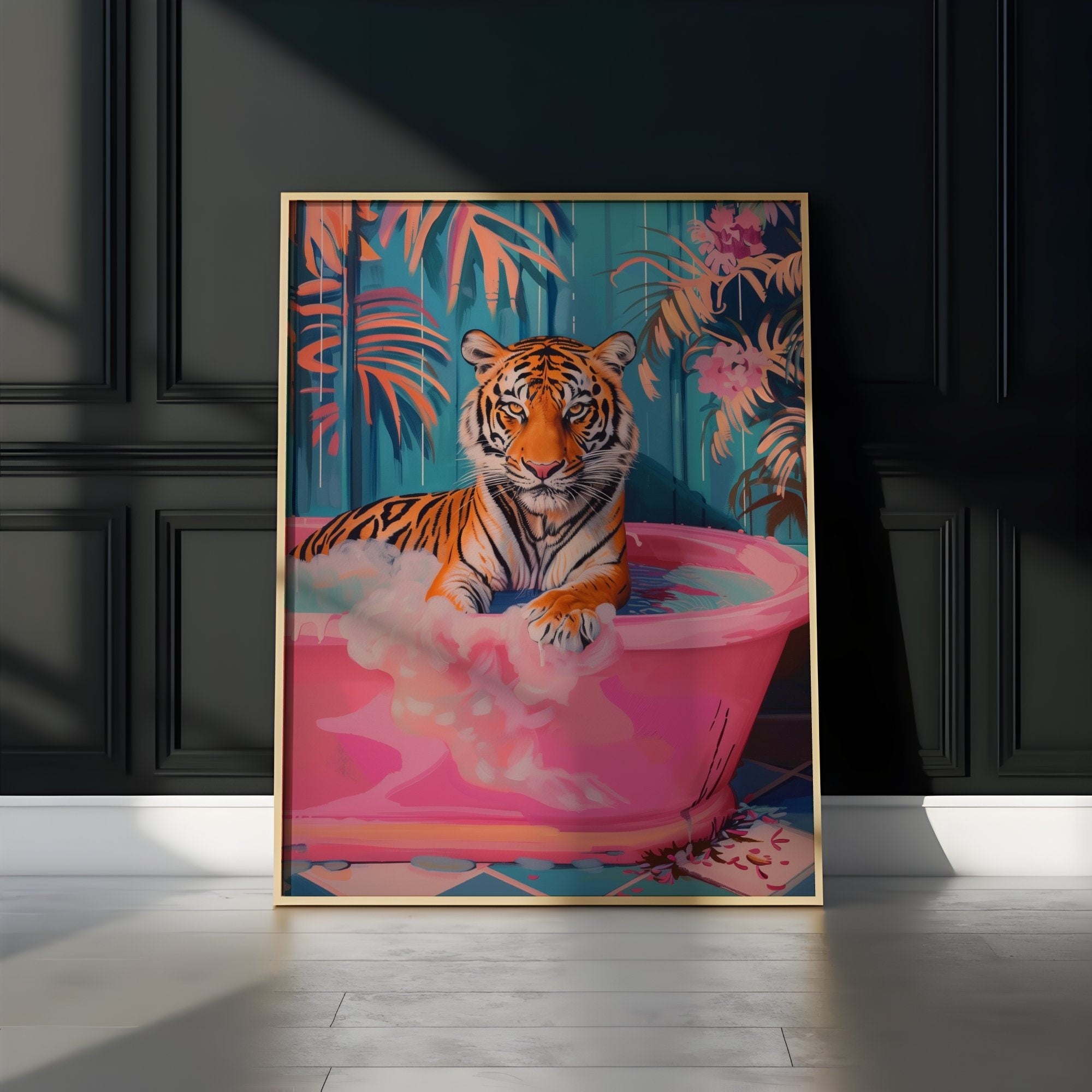 Tiger in Pink Bath Tub Maximalist Dopamine Bathroom Interactive Wall Art