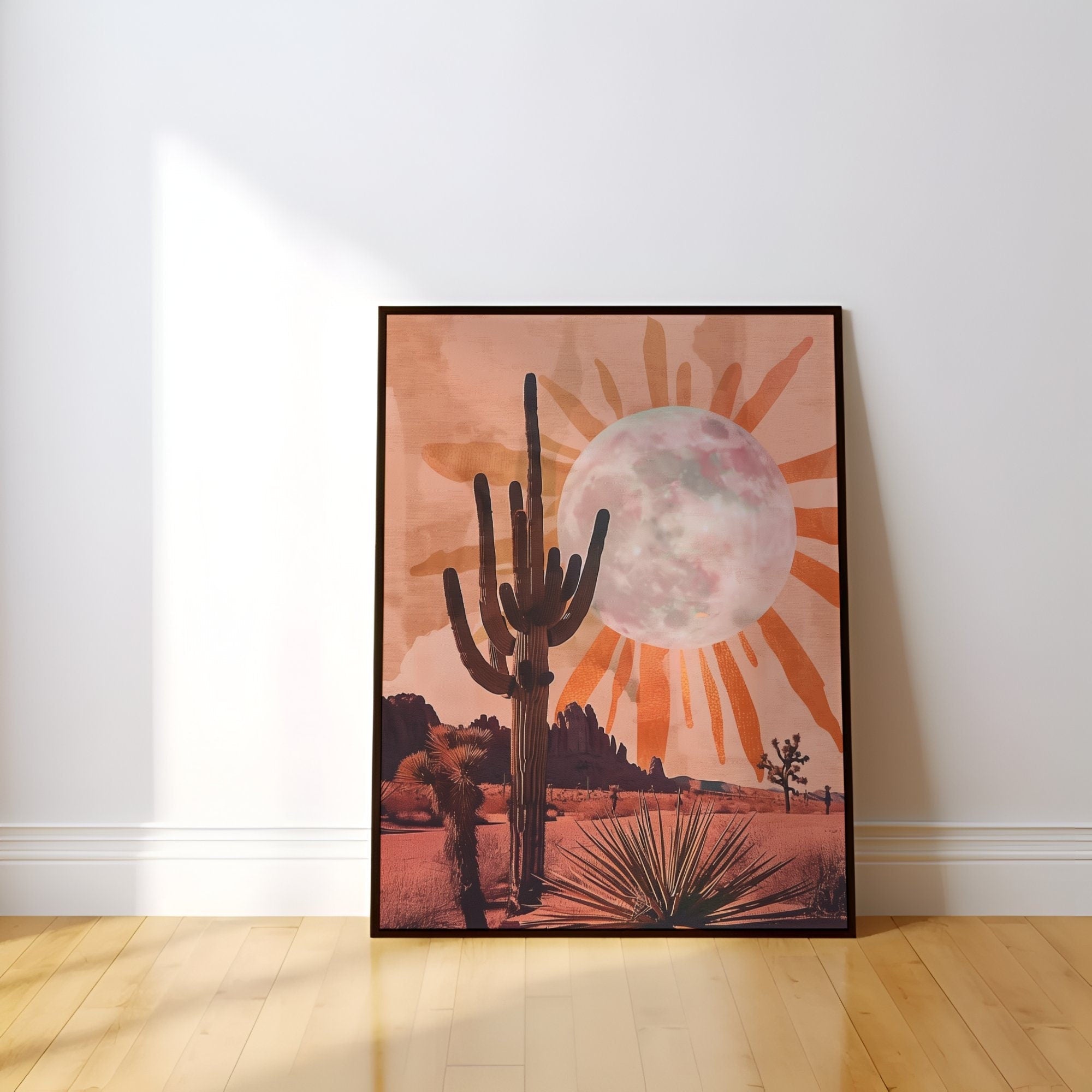 Desert Dream: Sun and Moon Cactus Art | Boho Southwest Joshua Tree Landscape