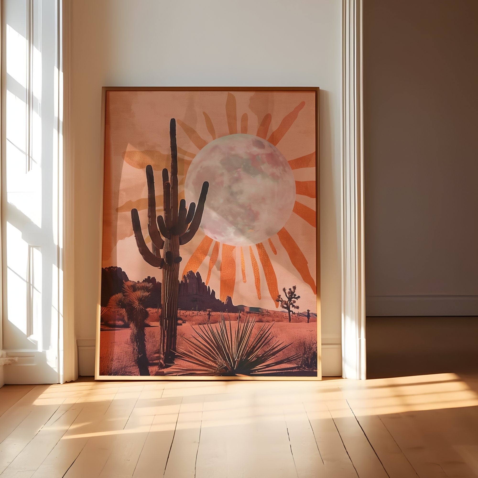 Desert Dream: Sun and Moon Cactus Art | Boho Southwest Joshua Tree Landscape