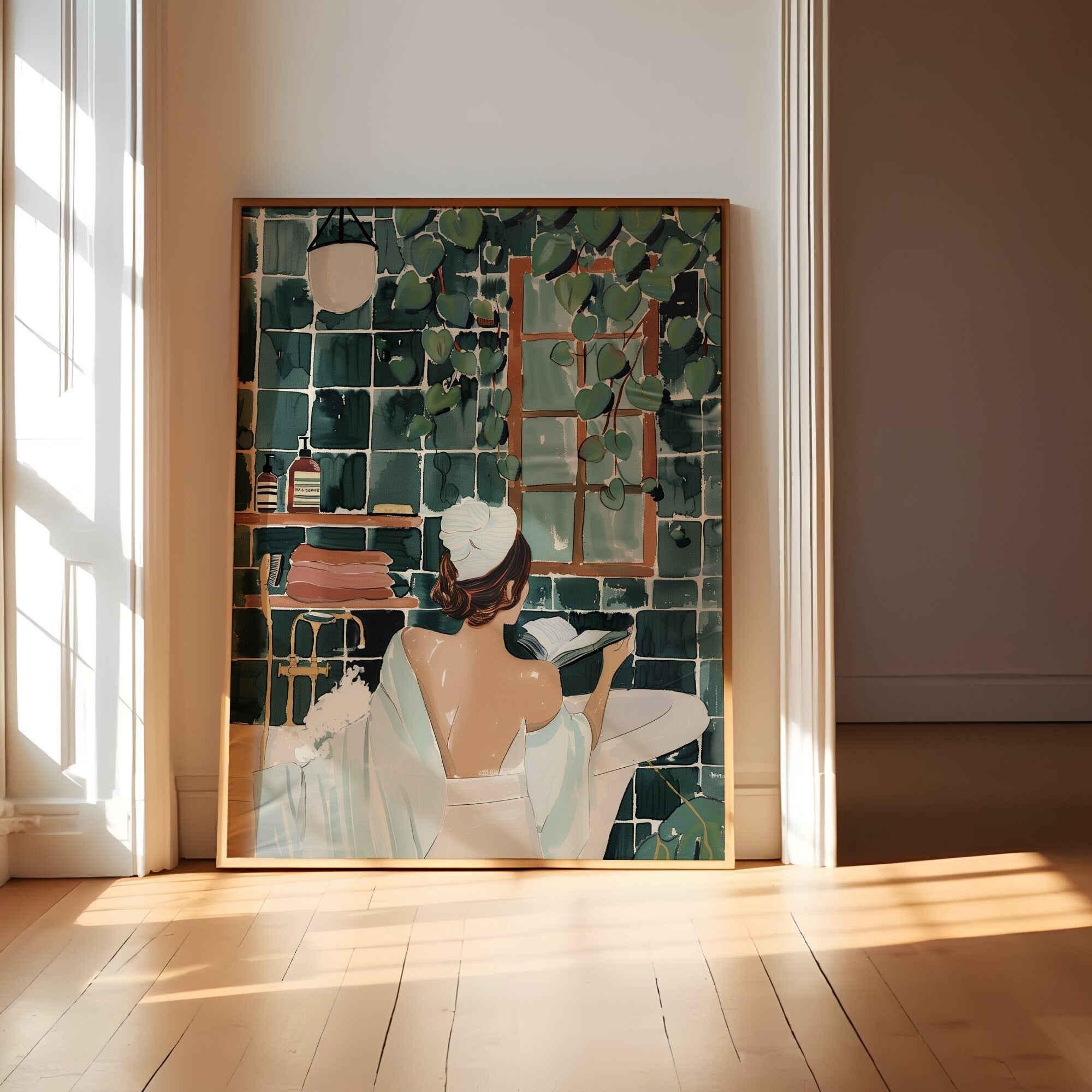 Contemporary Watercolor Woman in Bath with Ivy Green Interactive Wall Art