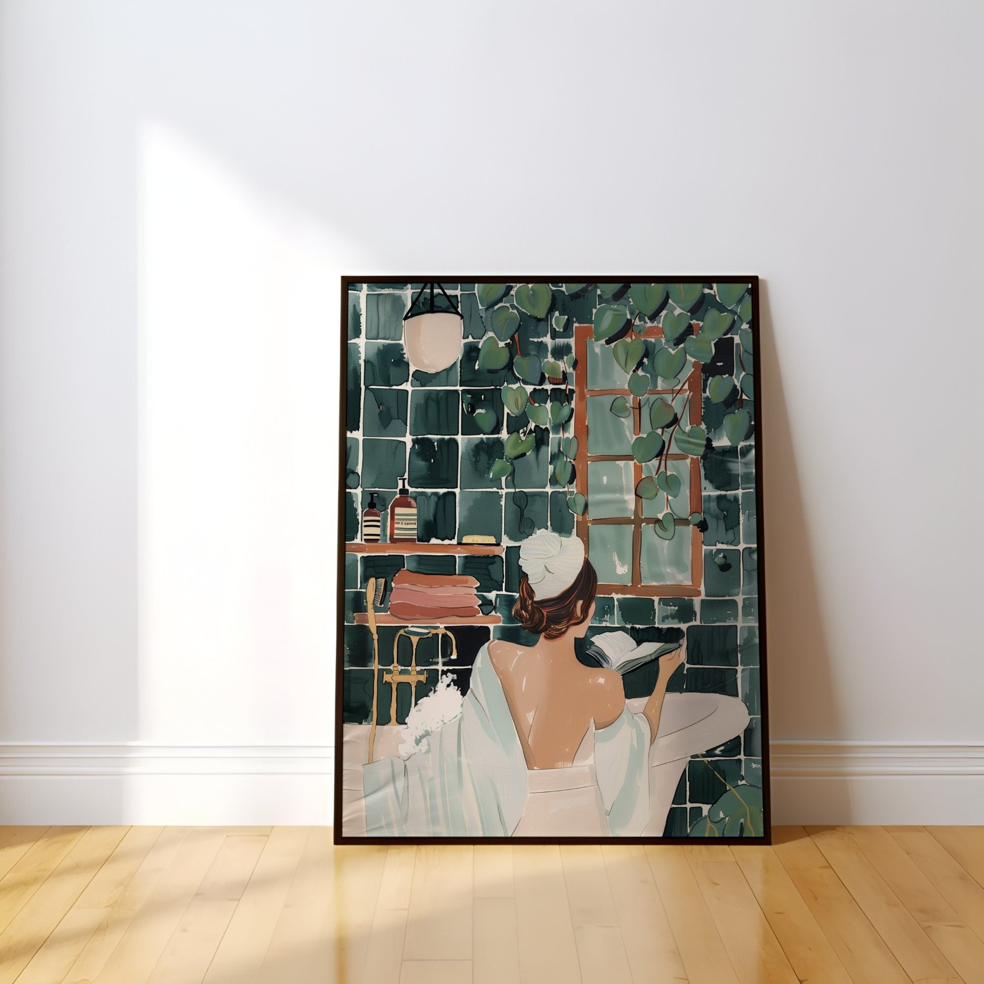 Contemporary Watercolor Woman in Bath with Ivy Green Interactive Wall Art