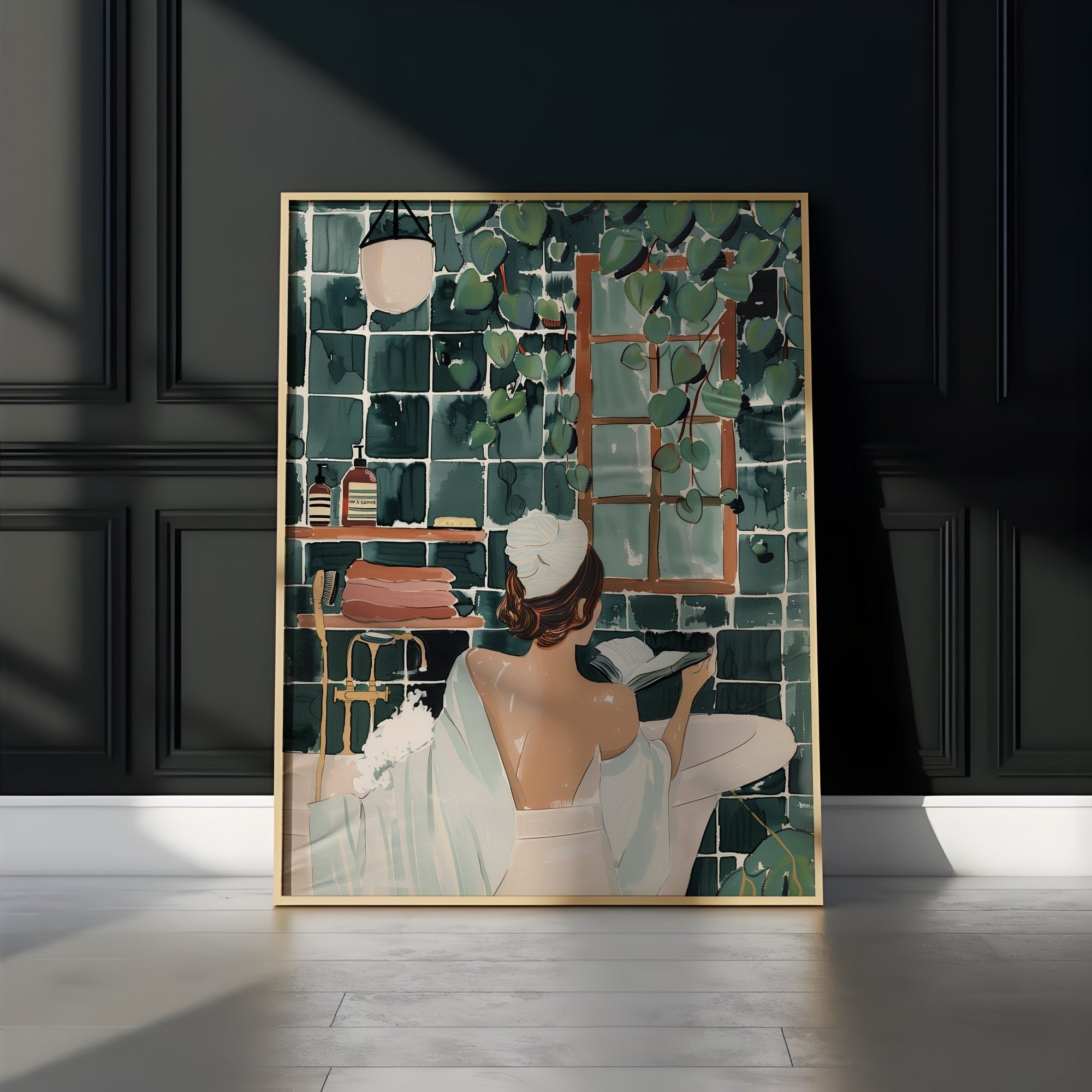 Contemporary Watercolor Woman in Bath with Ivy Green Interactive Wall Art