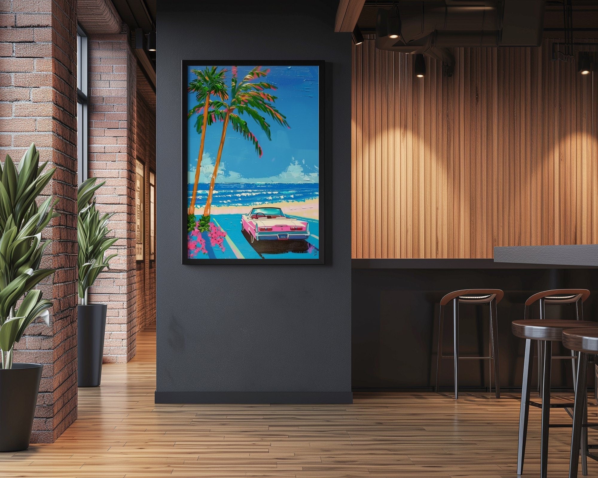 Car by Beach Vibrant Summer Vibes Art with Cute Trendy Style Interactive Wall Art