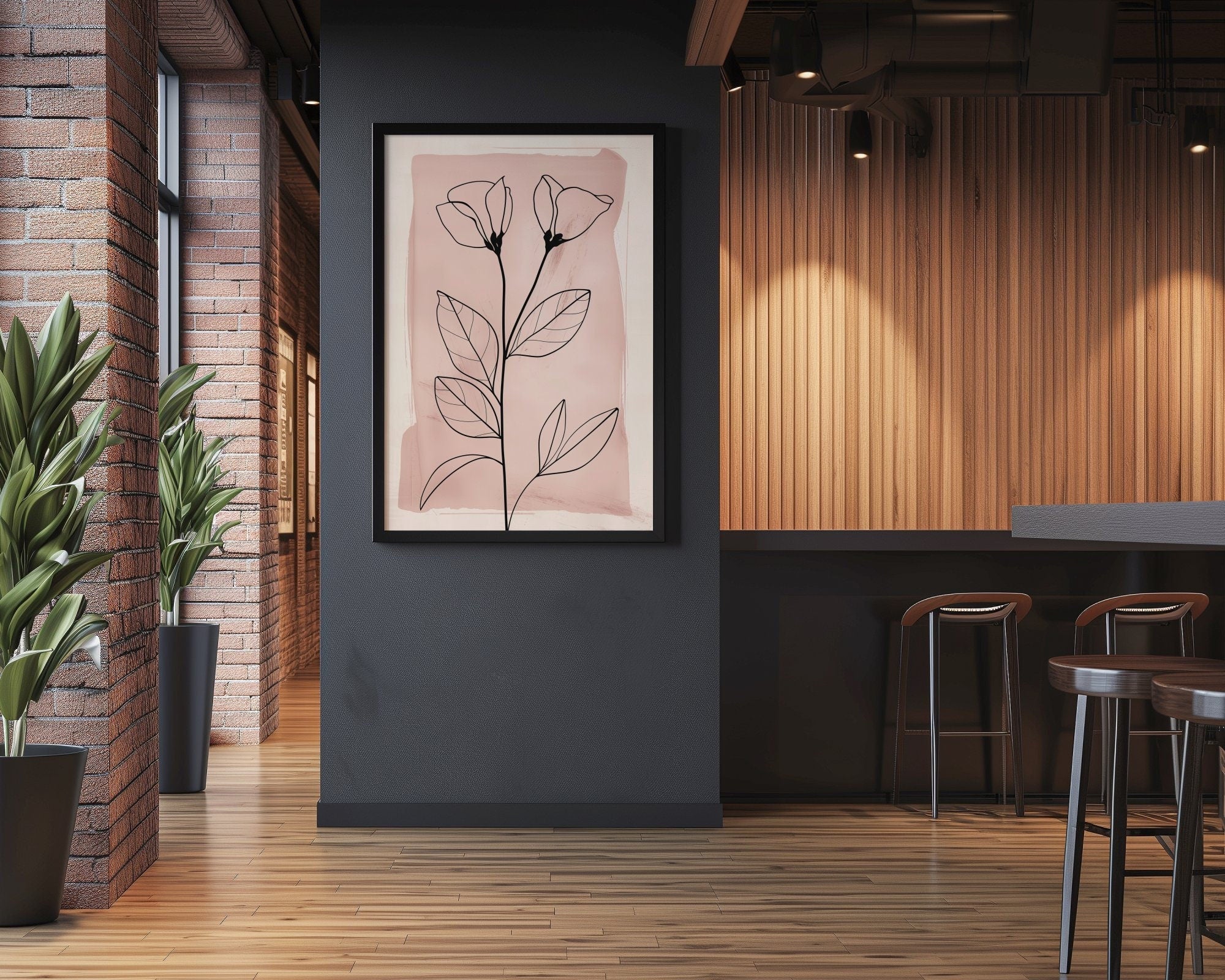 Blushing Botanicals: Elegant Pink Line Art Print | Chic & Minimalist Floral Wall Decor