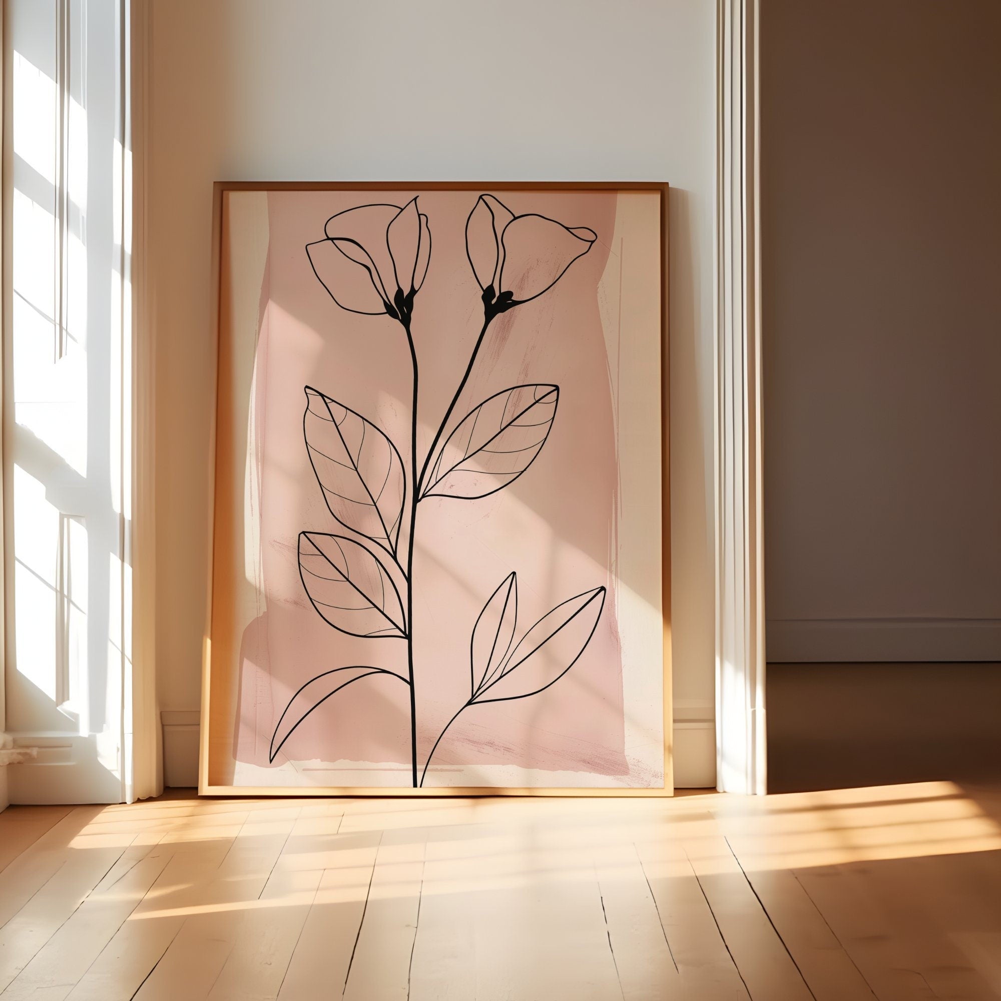 Blushing Botanicals: Elegant Pink Line Art Print | Chic & Minimalist Floral Wall Decor