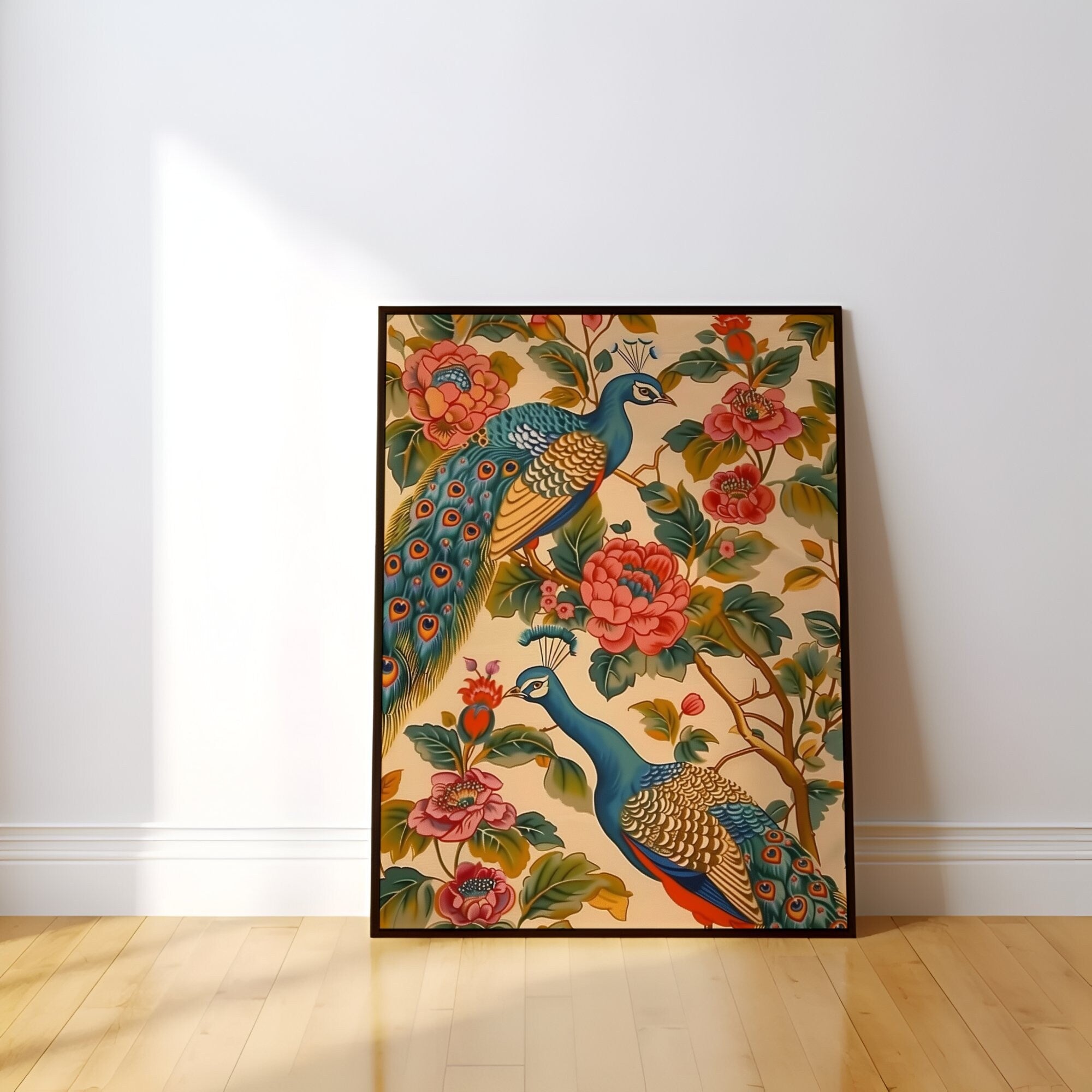 The Divine Dance: Pichwai Peacock & Floral Art | Serene Elegant Indian Wall Decor