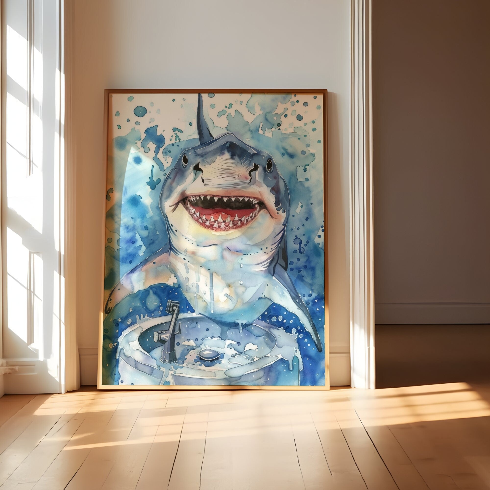 The Gentle Shark: Whimsical Shark Washing Hands Watercolor | Funny & Modern Nautical Bathroom Decor