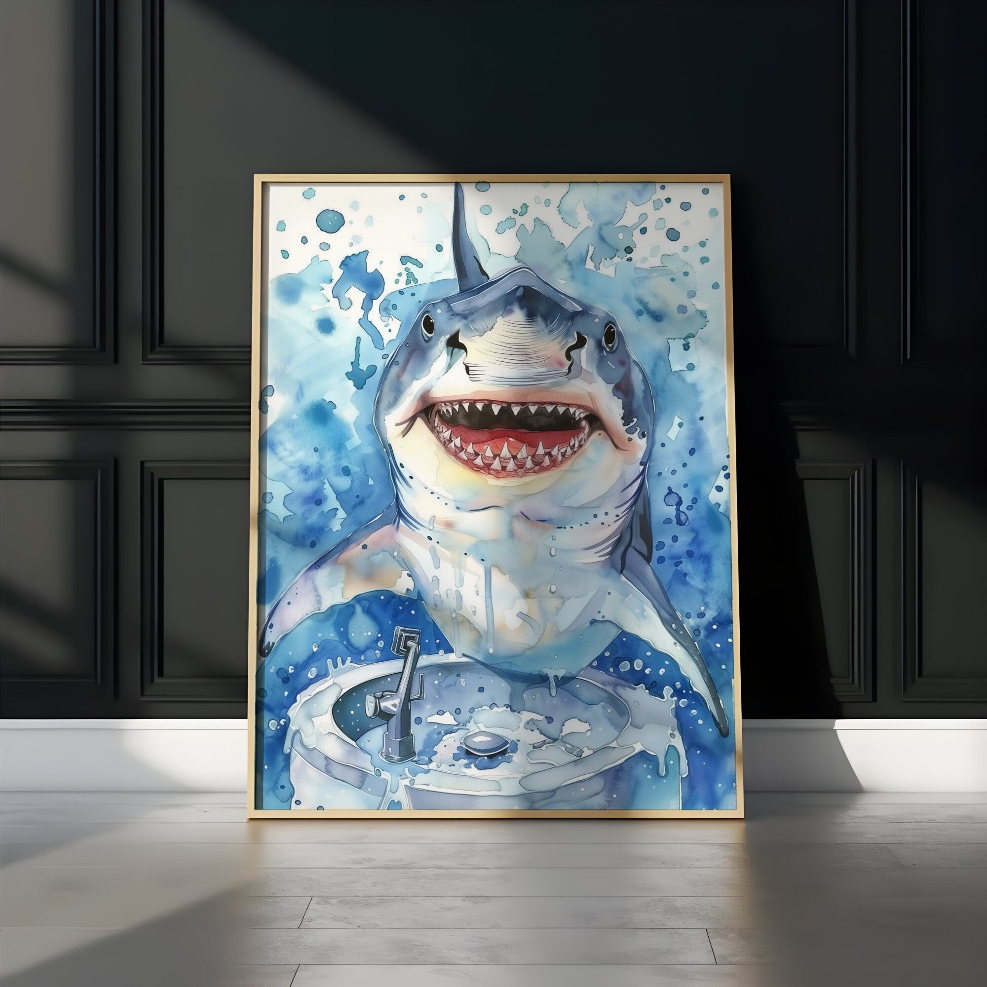 The Gentle Shark: Whimsical Shark Washing Hands Watercolor | Funny & Modern Nautical Bathroom Decor