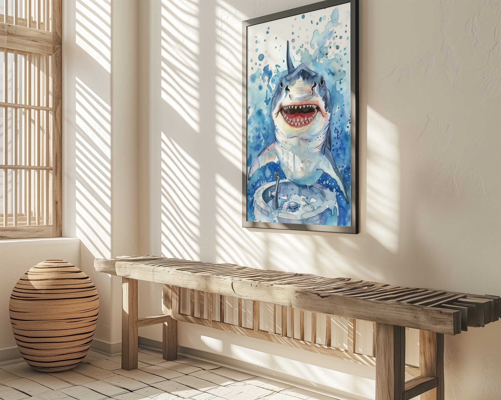 The Gentle Shark: Whimsical Shark Washing Hands Watercolor | Funny & Modern Nautical Bathroom Decor