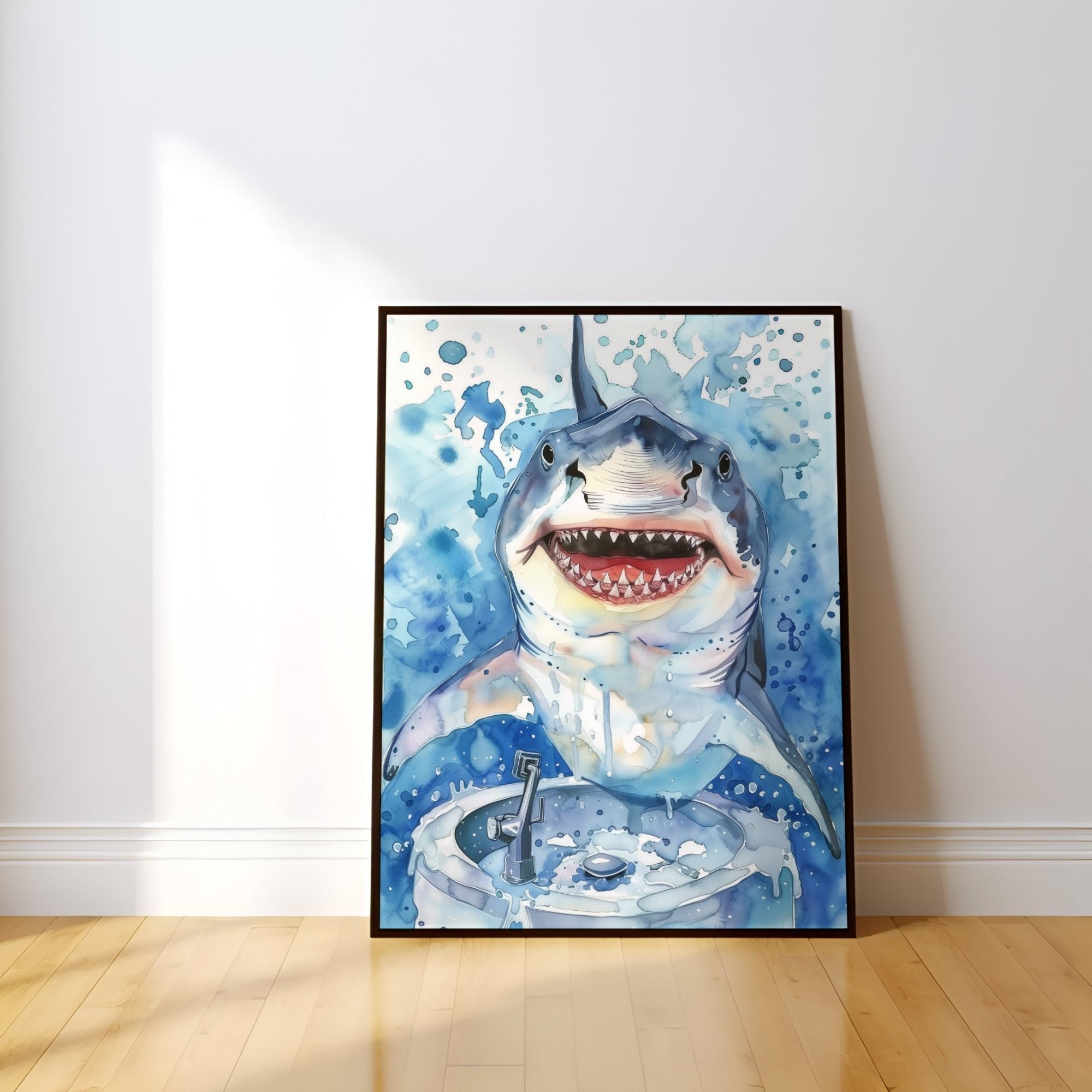 The Gentle Shark: Whimsical Shark Washing Hands Watercolor | Funny & Modern Nautical Bathroom Decor